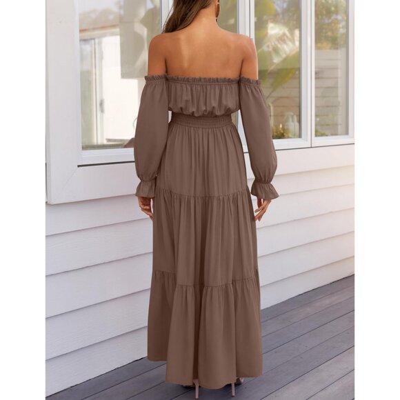 ZESICA Off Shoulder Smocked High Waist Side Split Maxi Dress in Coffee - Picture 5 of 16